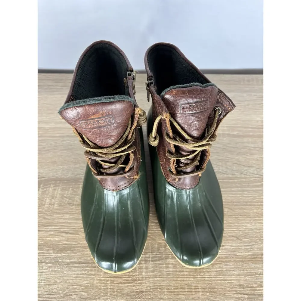 Sperry Top-Sider Duck Boots Womens 7 Brown Leather Green Waterproof Fleece Zip